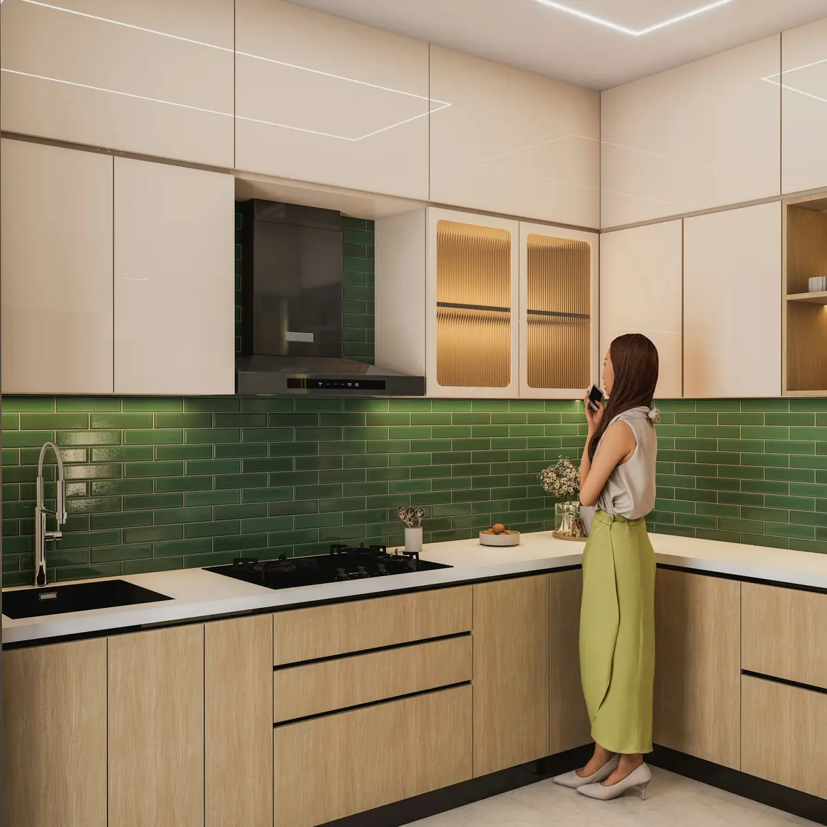 Kitchen with a green glazed subway tile backsplash and light wood cabinets